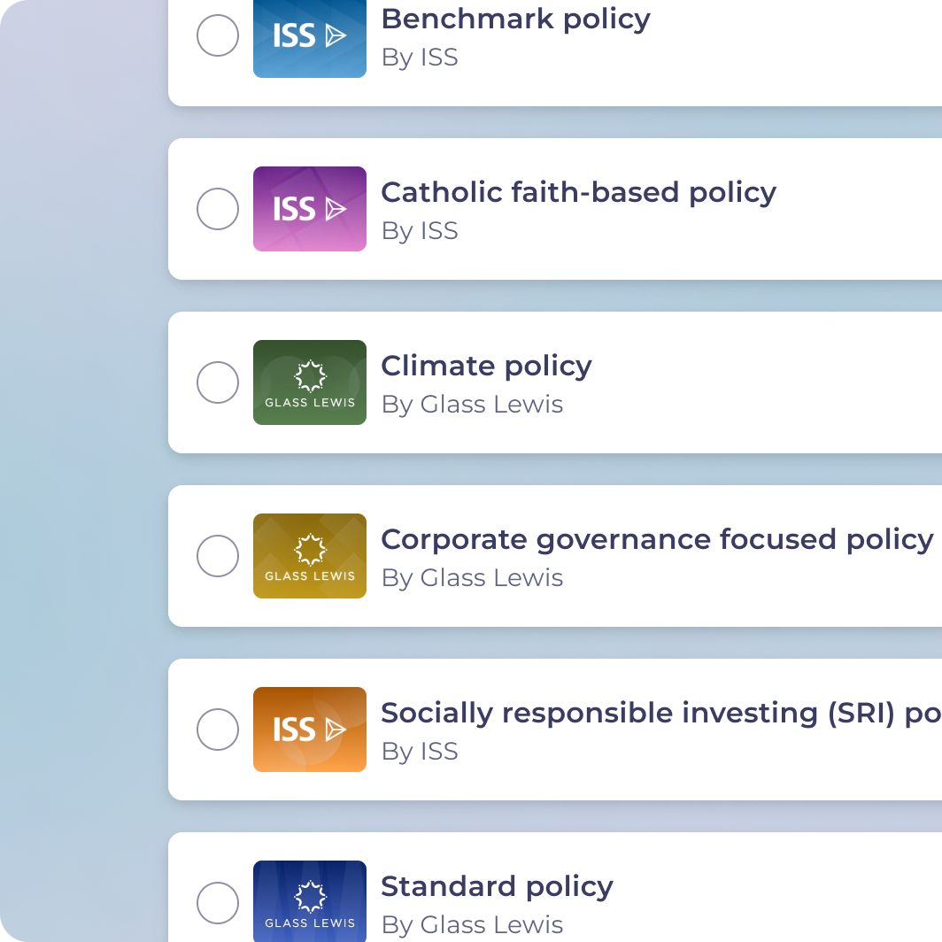 A list of voting policies from well-known providers ISS and GlassLewis are shown as examples of the policies available on the Tumelo ProxySphere product.