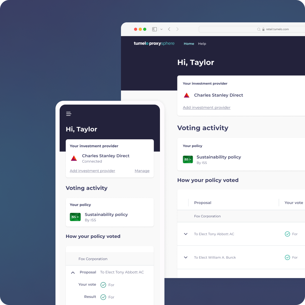 A mobile and desktop view is presented side-by-side showcasing the Tumelo ProxySphere Product. On the screen, it shows a user's homepage with their connected provider and selected policy placing votes on their behalf.