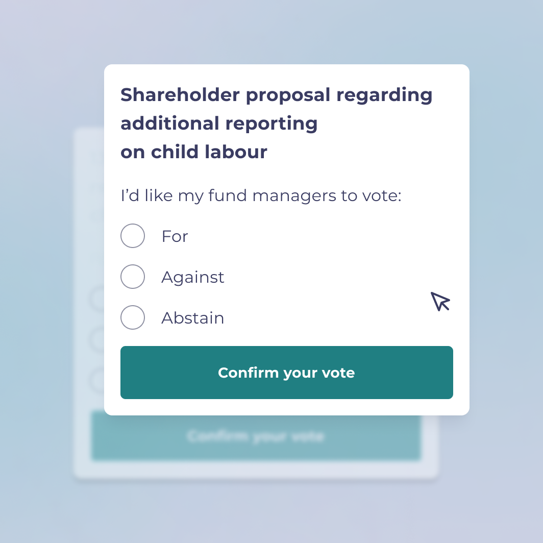 Card shows an example of a shareholder proposal with the options to vote, by selecting the option For, Against or Abstain and submitting it to the fund manager.