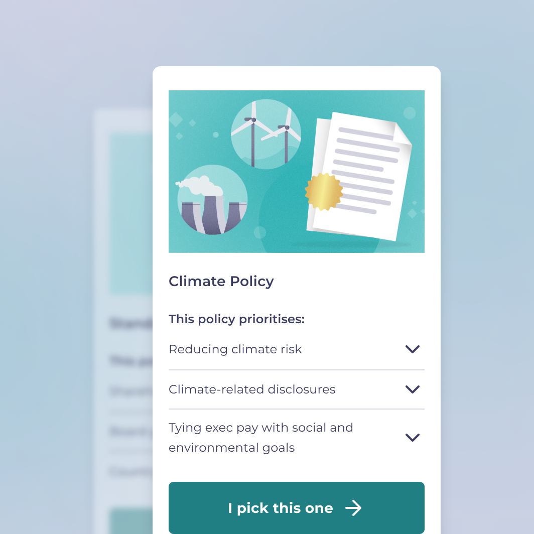 Cards show an example of a voting policy, in this case it's a climate policy that would be available on the expression of wish platform.