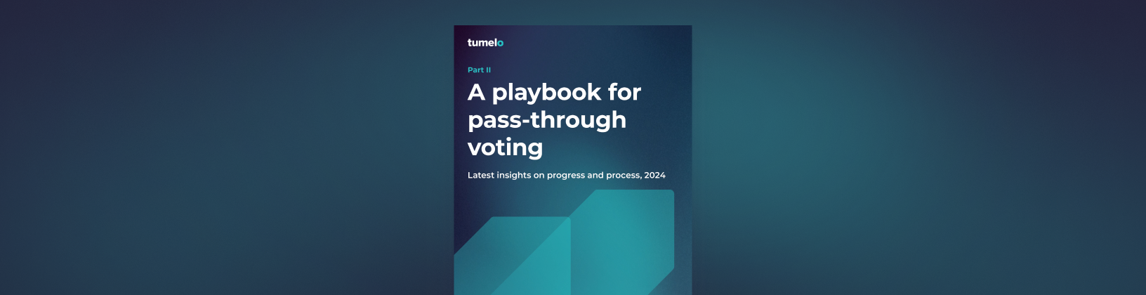 Featured cover from the Playbook for Pass-through Voting. Typographical with two arrows pointing towards the top right-hand corner of the cover.